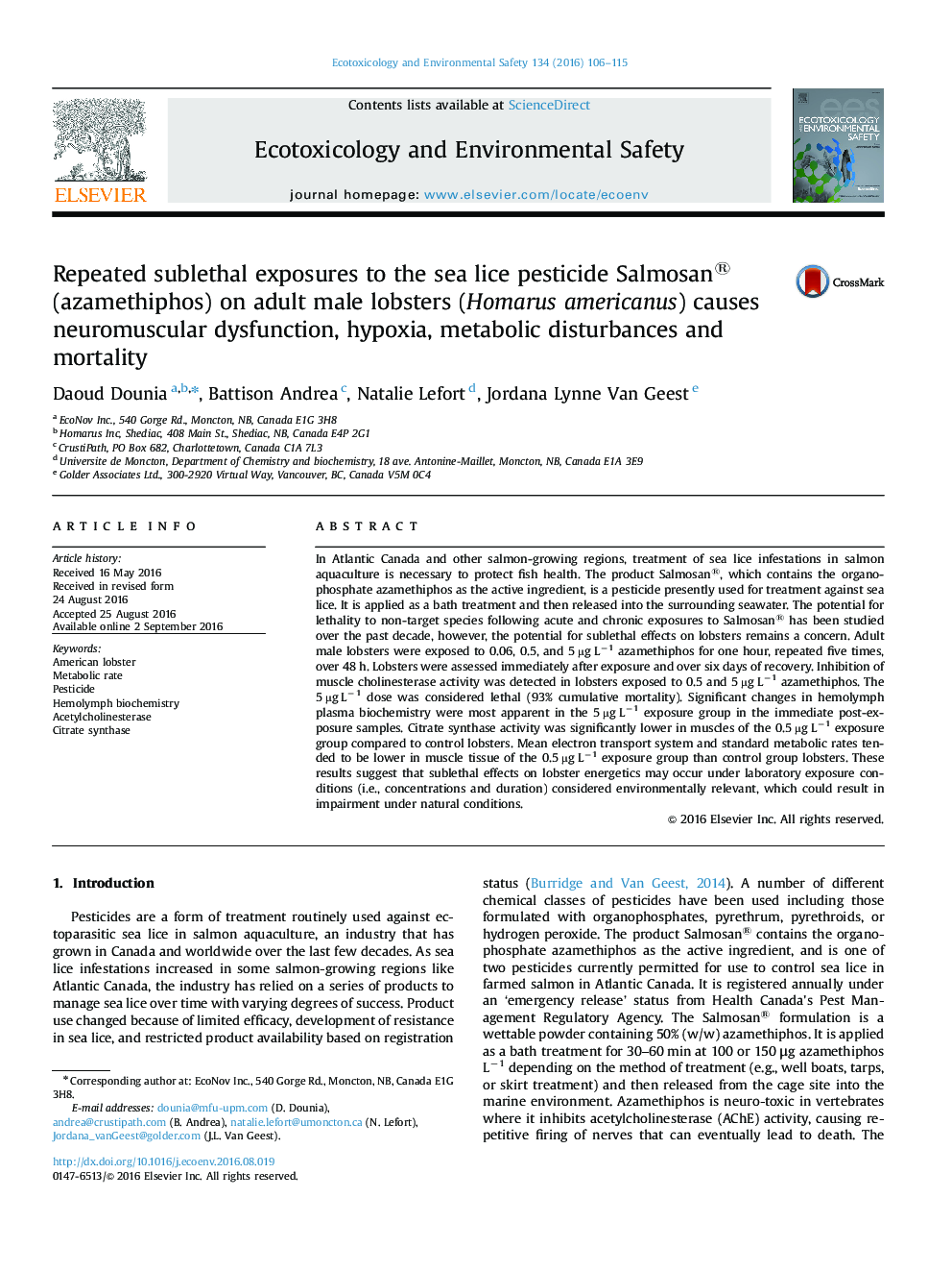 Repeated sublethal exposures to the sea lice pesticide Salmosan® (azamethiphos) on adult male lobsters (Homarus americanus) causes neuromuscular dysfunction, hypoxia, metabolic disturbances and mortality