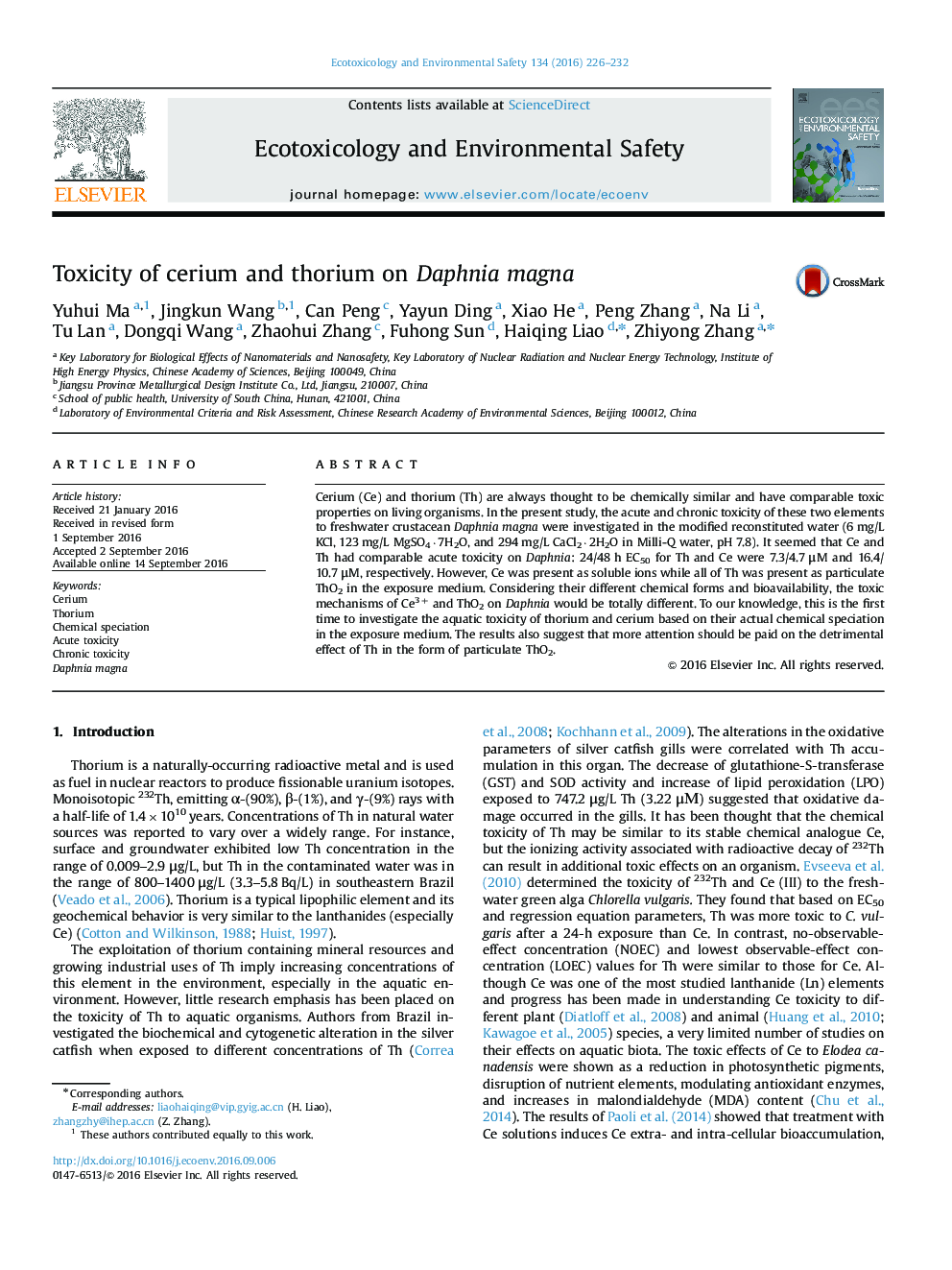 Toxicity of cerium and thorium on Daphnia magna