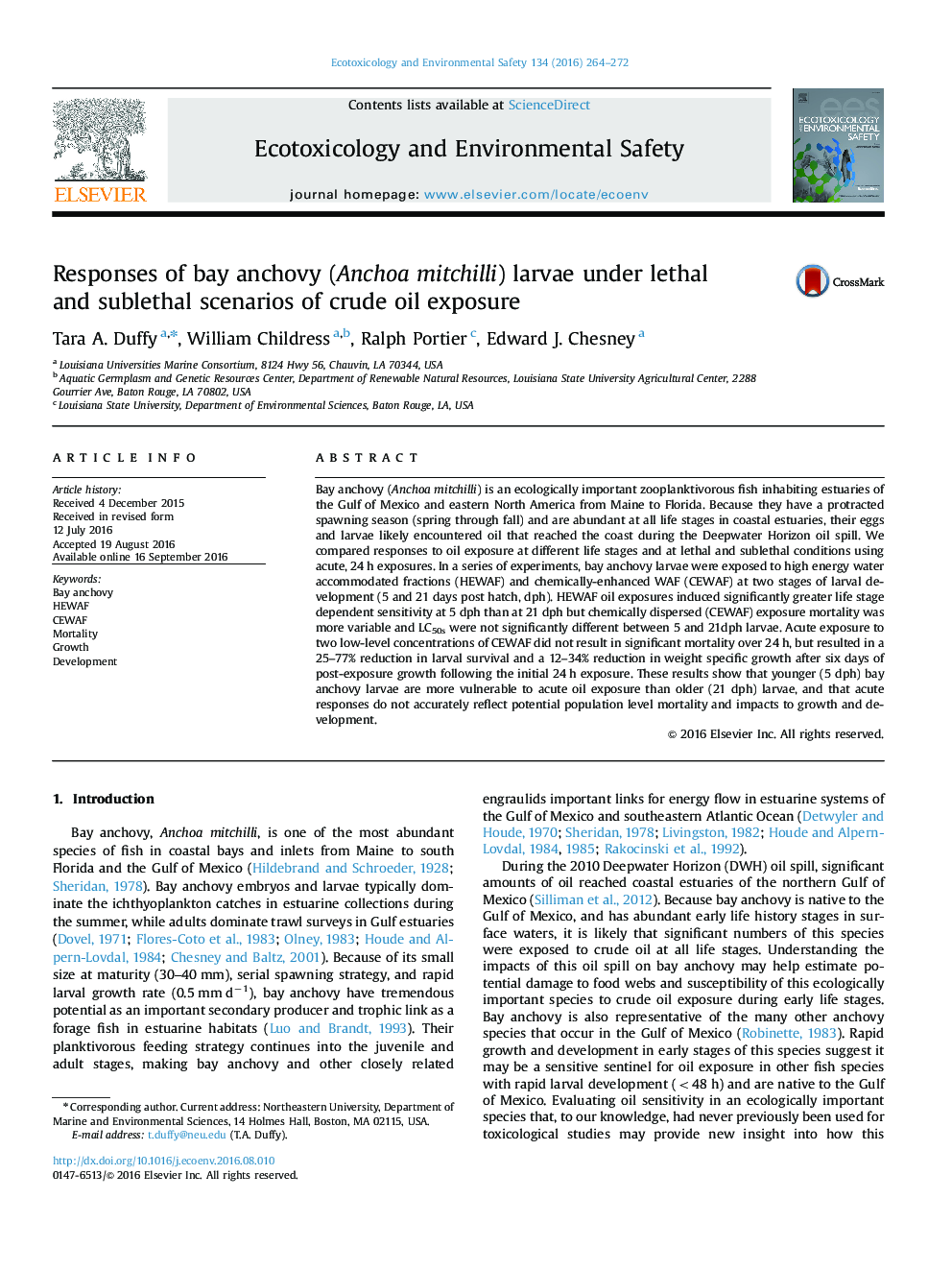 Responses of bay anchovy (Anchoa mitchilli) larvae under lethal and sublethal scenarios of crude oil exposure