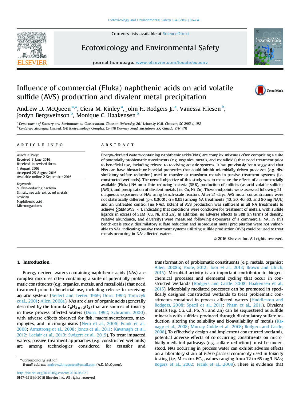 Influence of commercial (Fluka) naphthenic acids on acid volatile sulfide (AVS) production and divalent metal precipitation