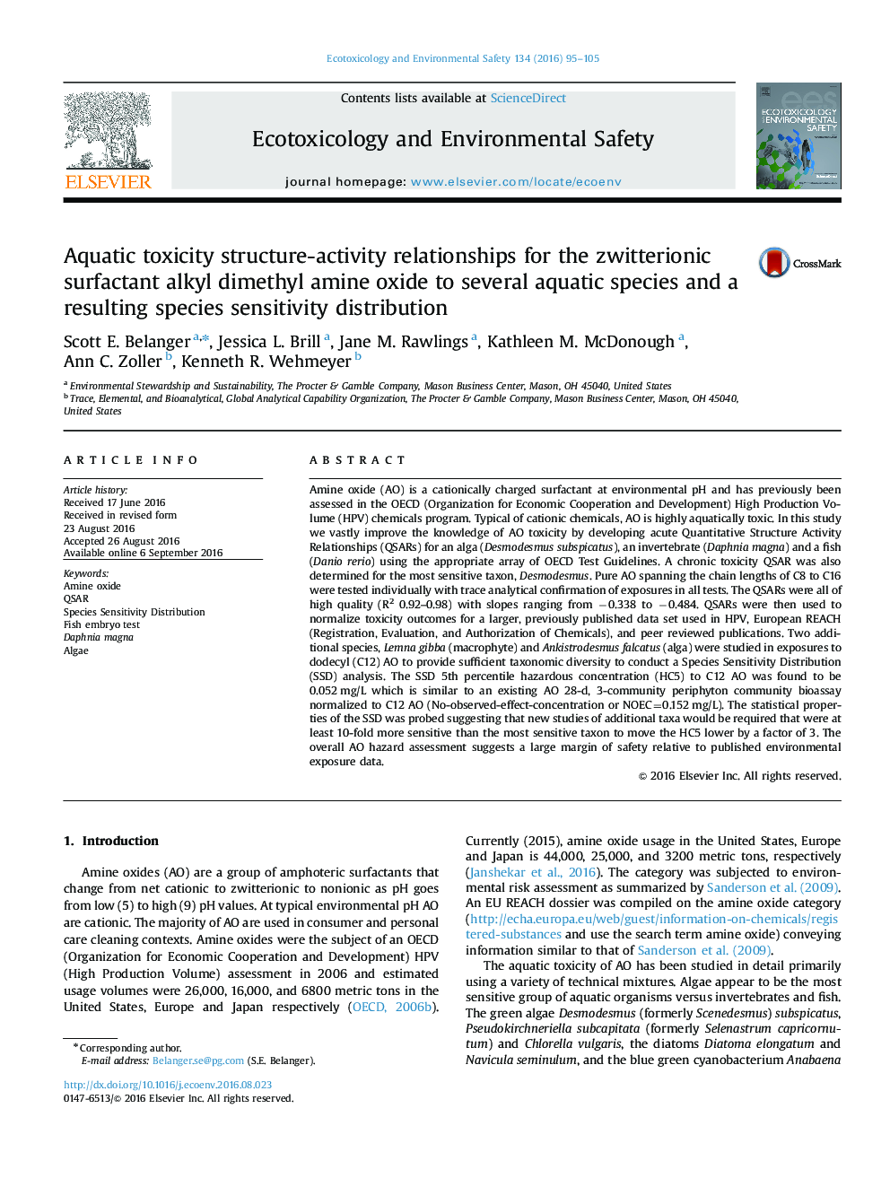 Aquatic toxicity structure-activity relationships for the zwitterionic surfactant alkyl dimethyl amine oxide to several aquatic species and a resulting species sensitivity distribution
