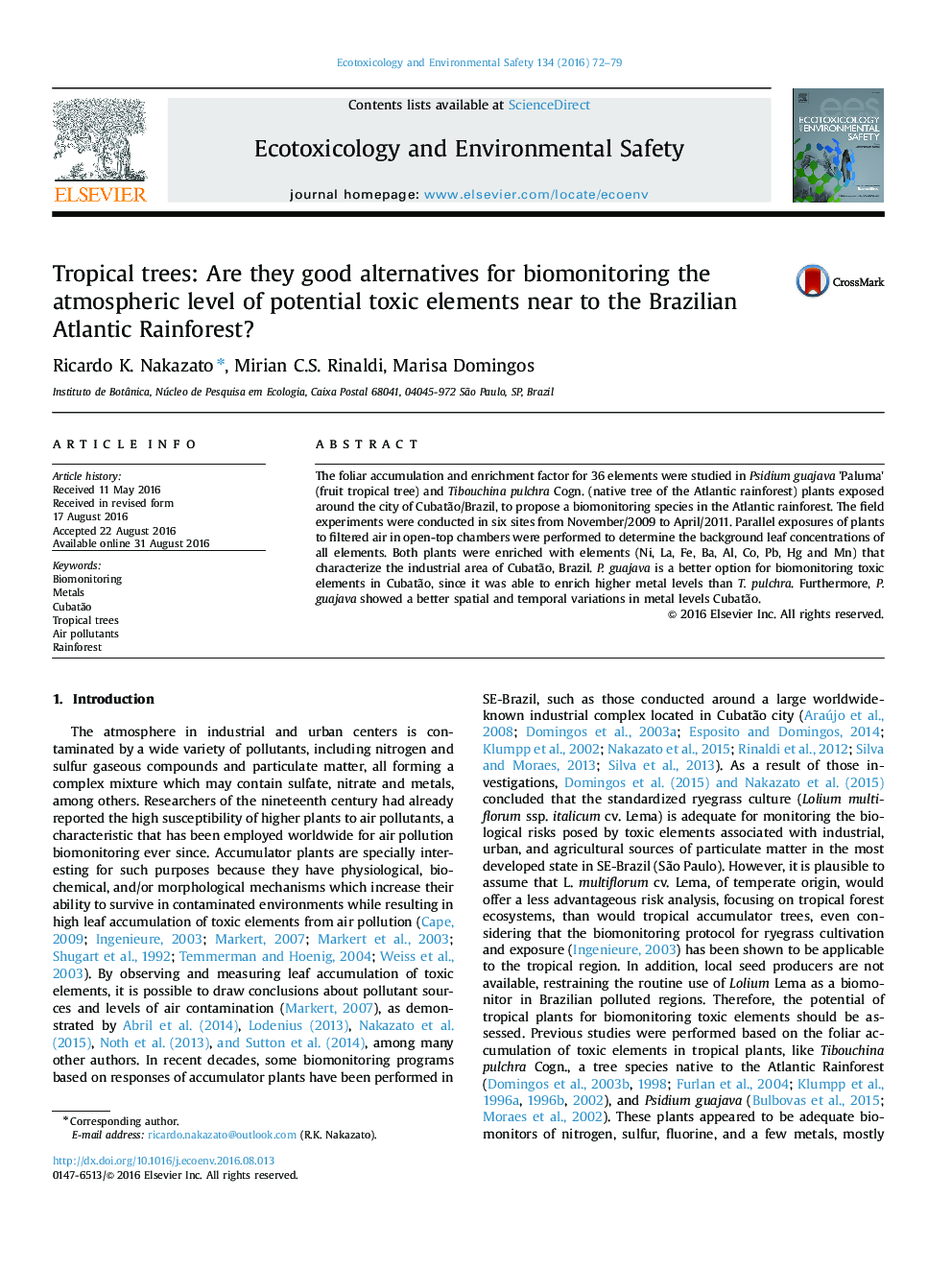 Tropical trees: Are they good alternatives for biomonitoring the atmospheric level of potential toxic elements near to the Brazilian Atlantic Rainforest?