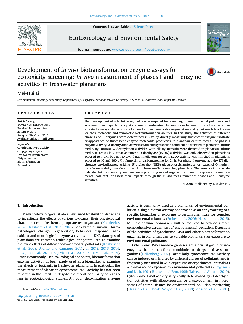 Development of in vivo biotransformation enzyme assays for ecotoxicity screening: In vivo measurement of phases I and II enzyme activities in freshwater planarians