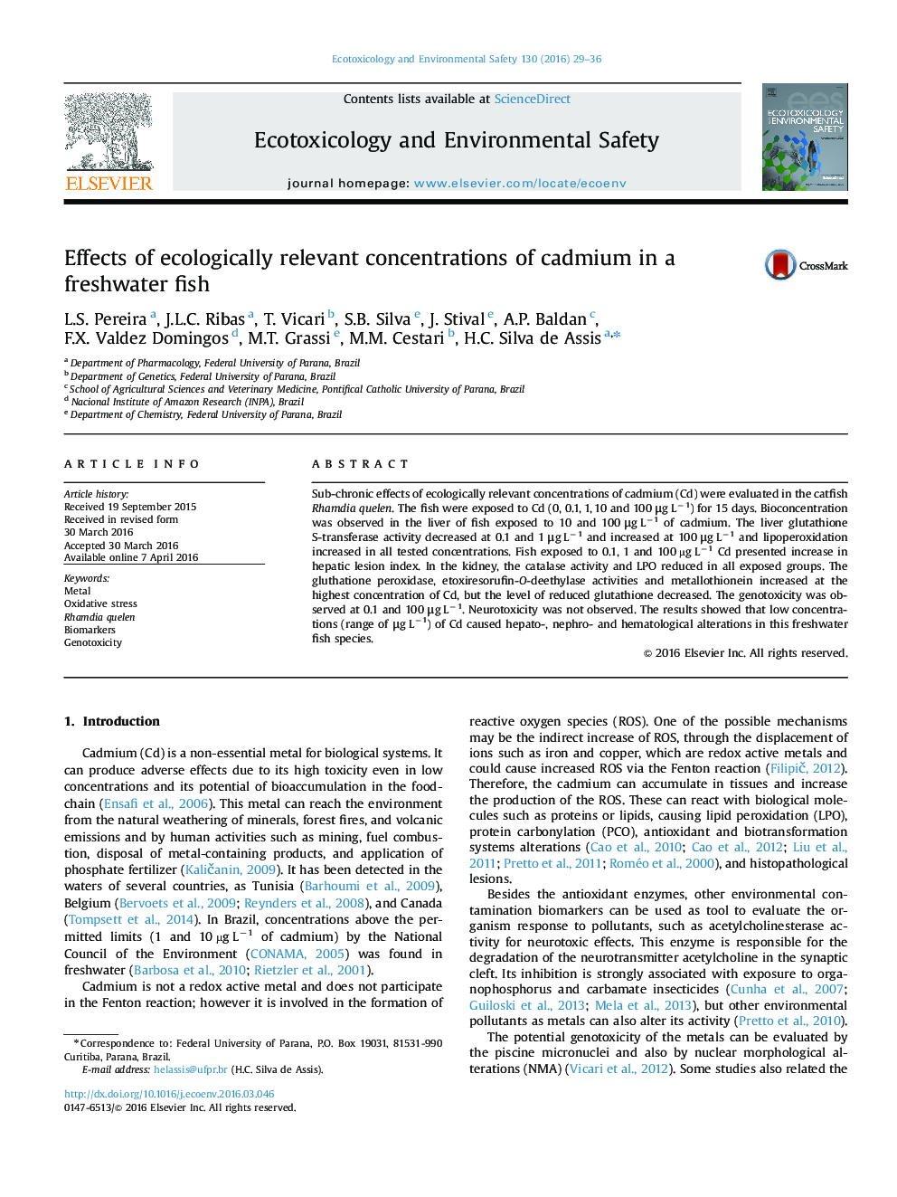 Effects of ecologically relevant concentrations of cadmium in a freshwater fish