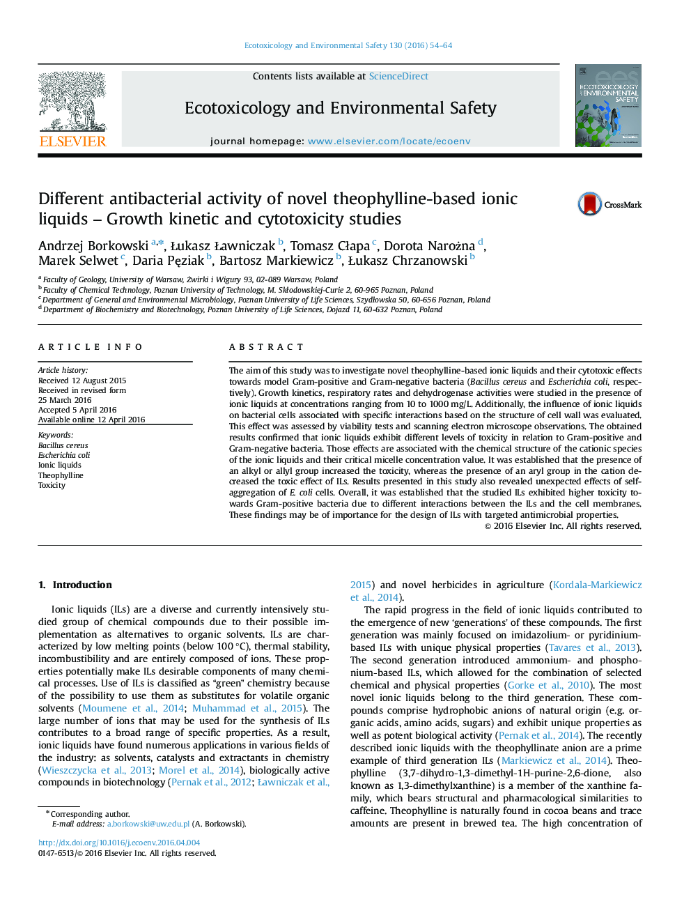 Different antibacterial activity of novel theophylline-based ionic liquids – Growth kinetic and cytotoxicity studies