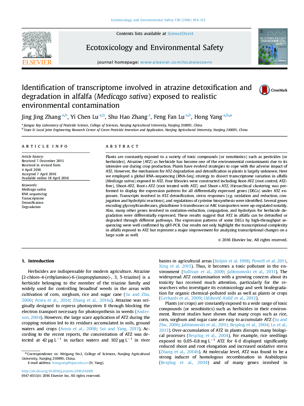 Identification of transcriptome involved in atrazine detoxification and degradation in alfalfa (Medicago sativa) exposed to realistic environmental contamination