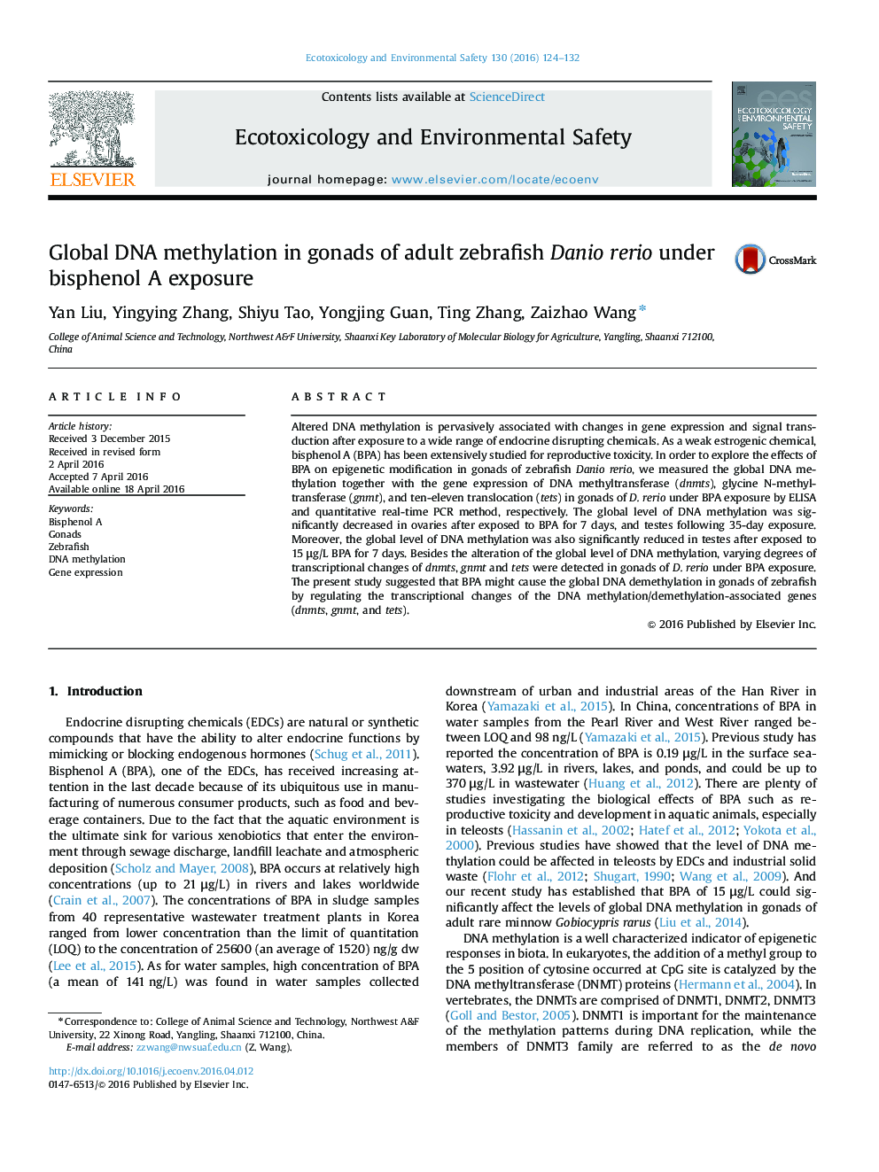 Global DNA methylation in gonads of adult zebrafish Danio rerio under bisphenol A exposure