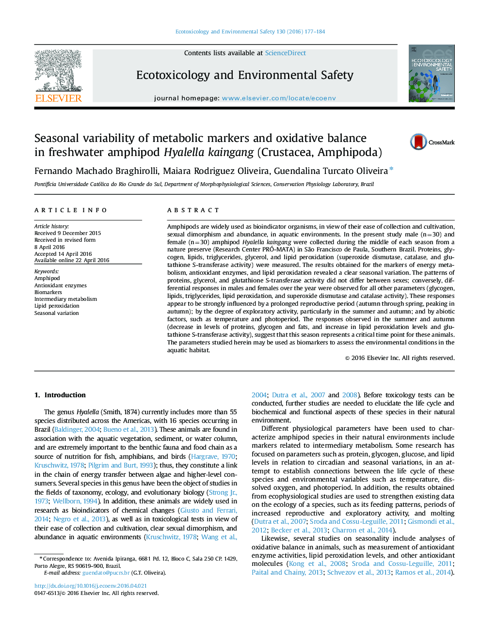 Seasonal variability of metabolic markers and oxidative balance in freshwater amphipod Hyalella kaingang (Crustacea, Amphipoda)