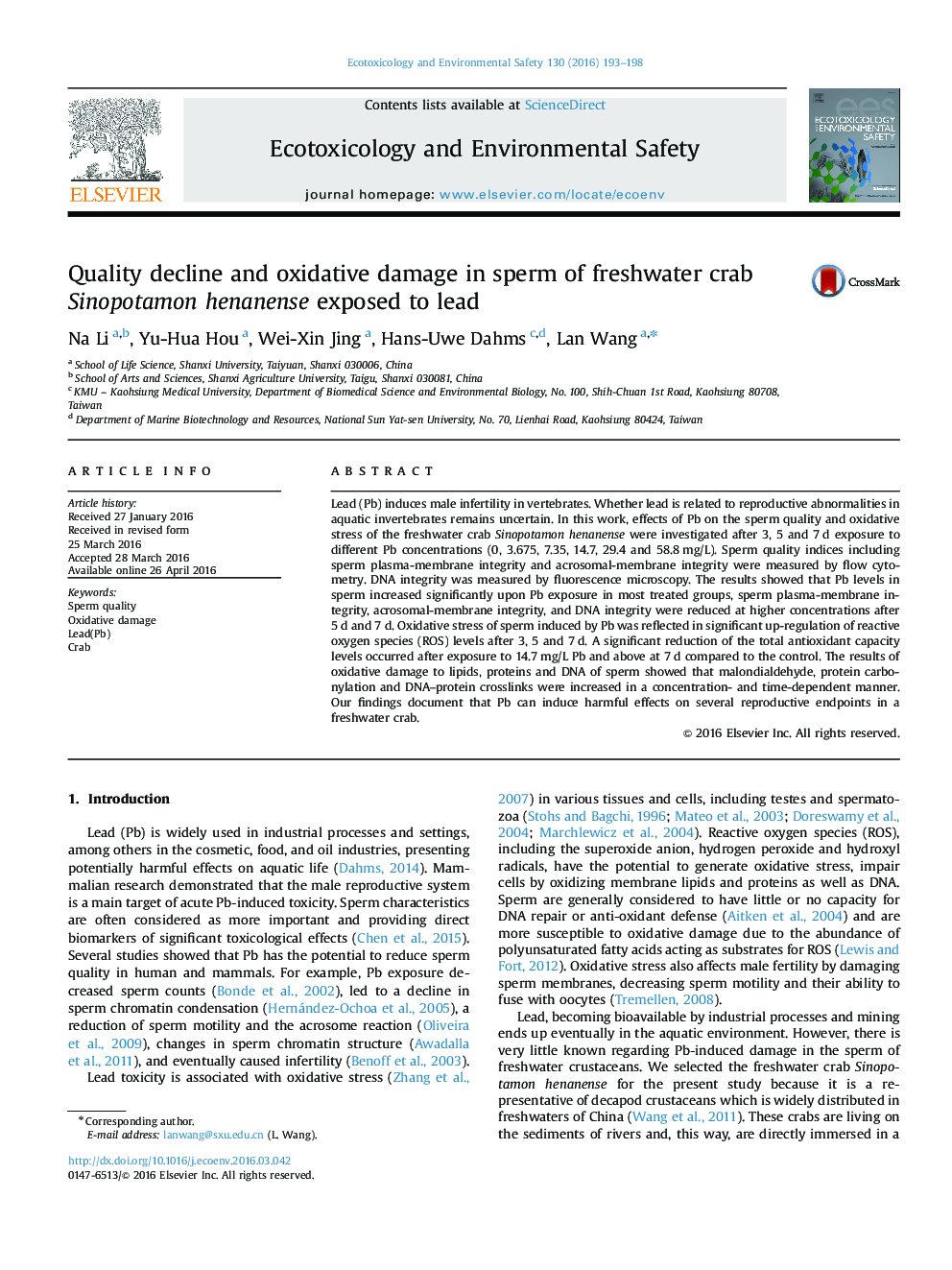 Quality decline and oxidative damage in sperm of freshwater crab Sinopotamon henanense exposed to lead