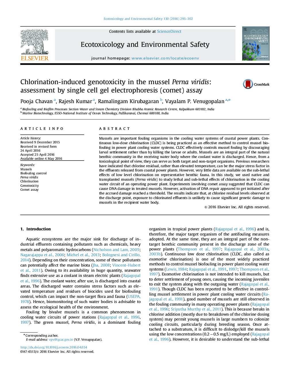 Chlorination-induced genotoxicity in the mussel Perna viridis: assessment by single cell gel electrophoresis (comet) assay