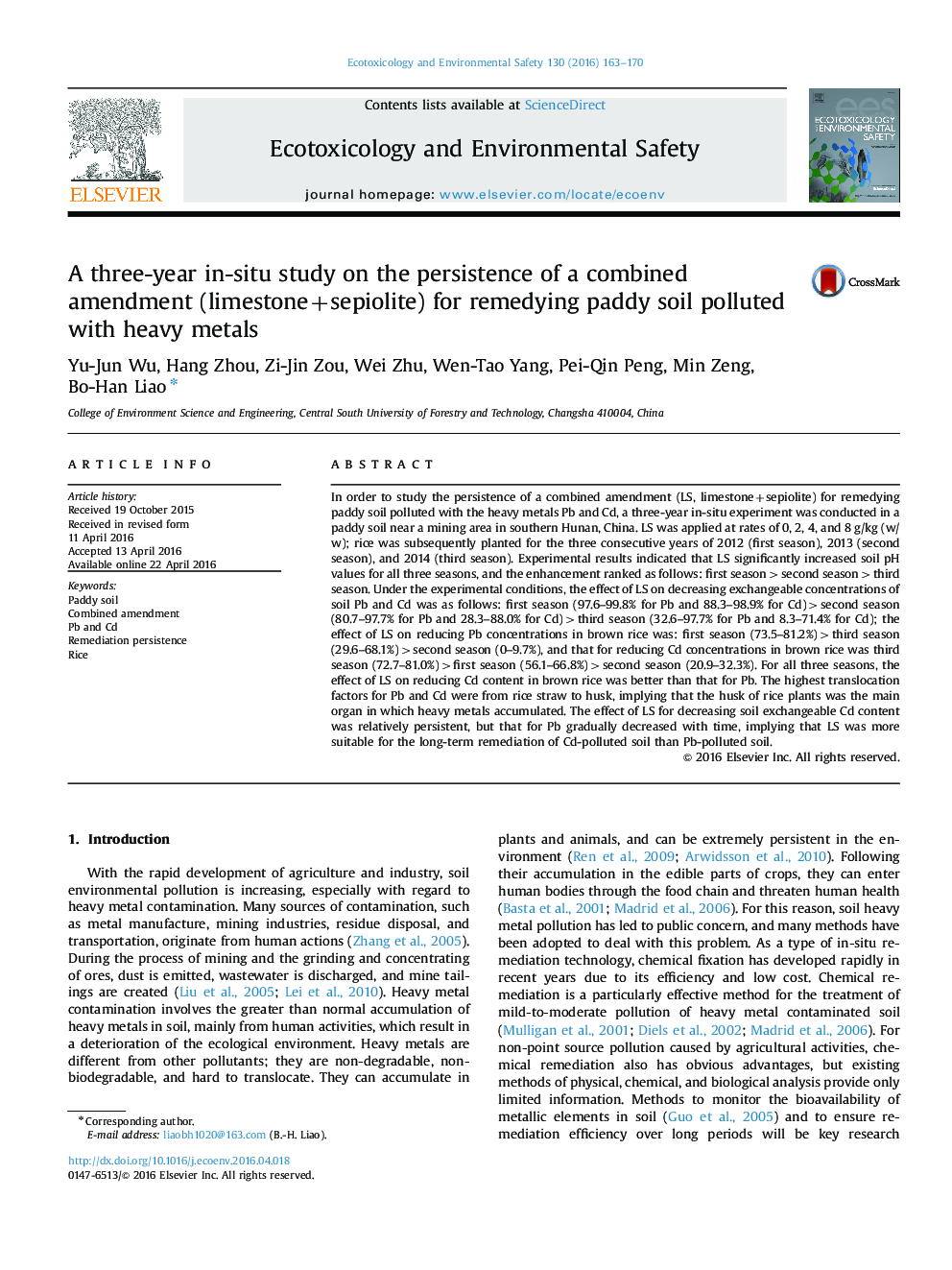 A three-year in-situ study on the persistence of a combined amendment (limestone+sepiolite) for remedying paddy soil polluted with heavy metals