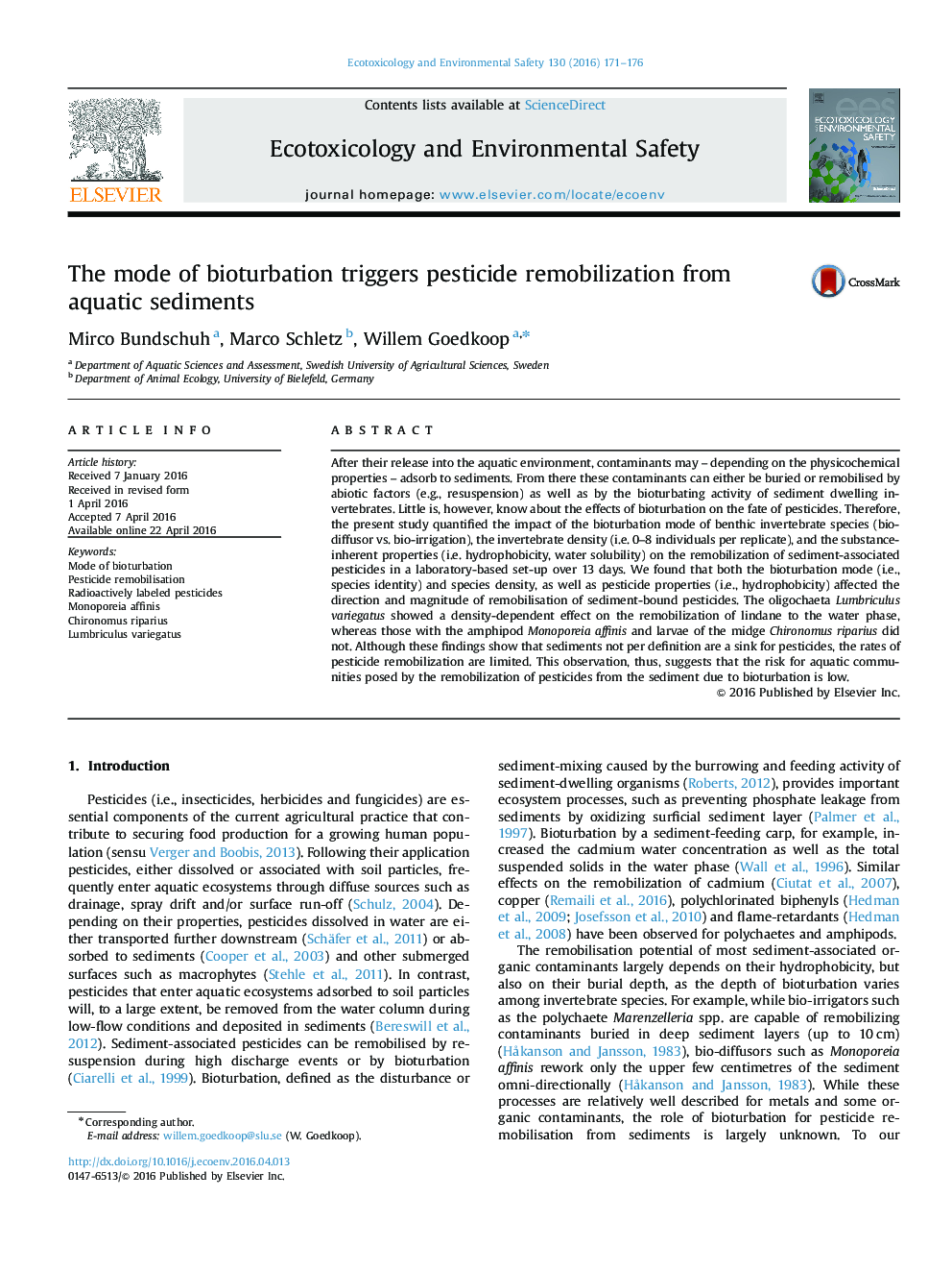 The mode of bioturbation triggers pesticide remobilization from aquatic sediments