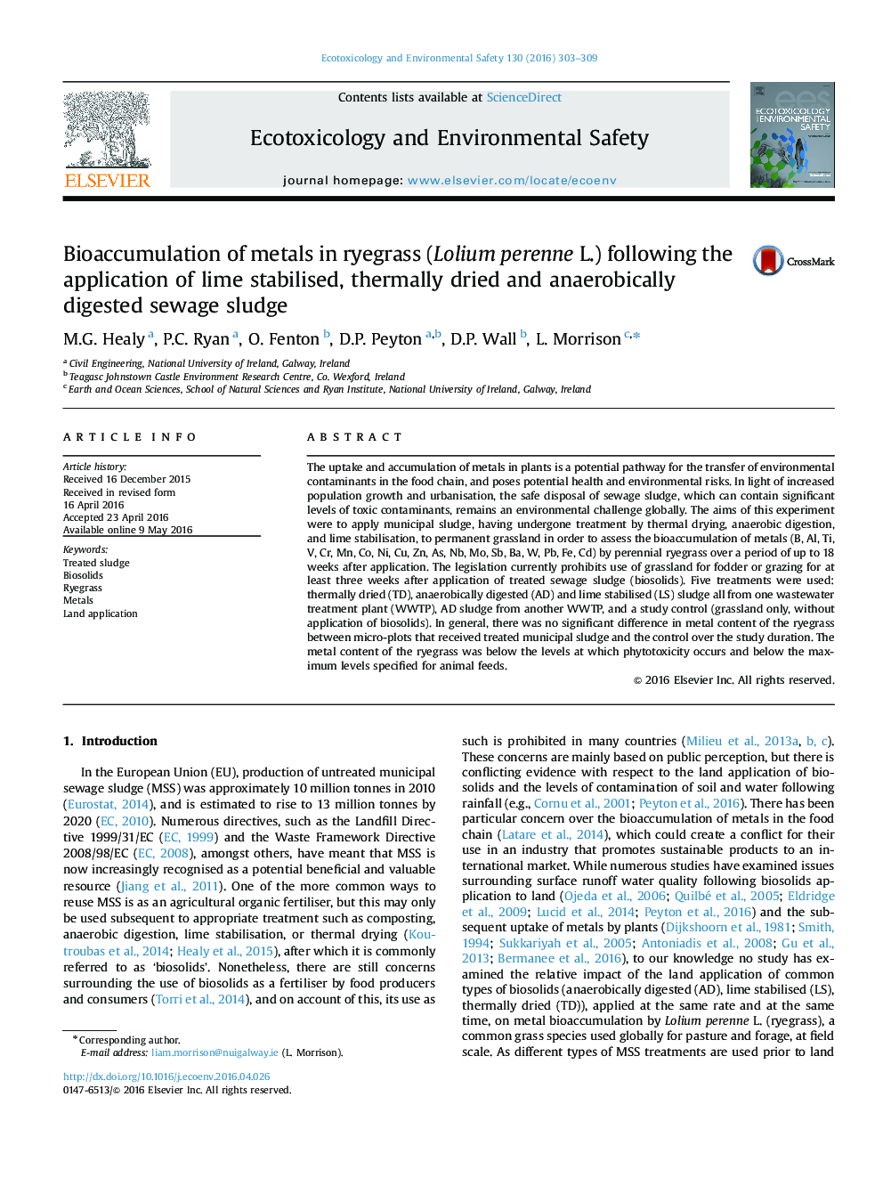 Bioaccumulation of metals in ryegrass (Lolium perenne L.) following the application of lime stabilised, thermally dried and anaerobically digested sewage sludge