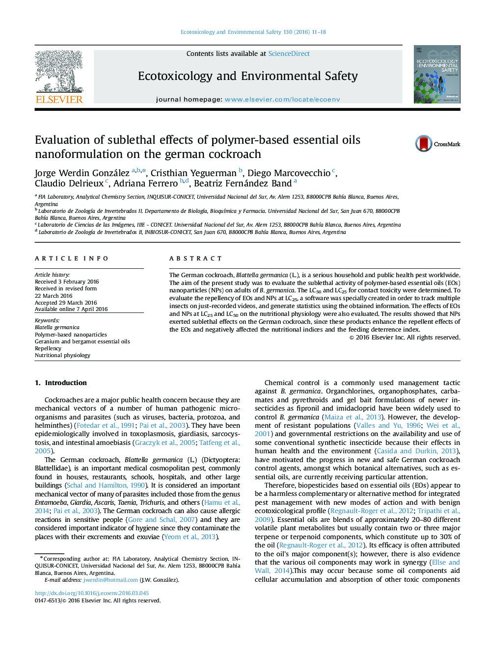 Evaluation of sublethal effects of polymer-based essential oils nanoformulation on the german cockroach