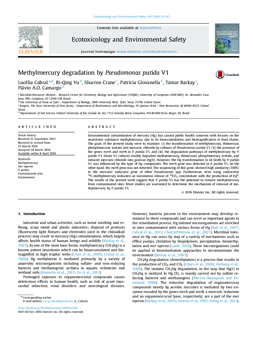 Methylmercury degradation by Pseudomonas putida V1