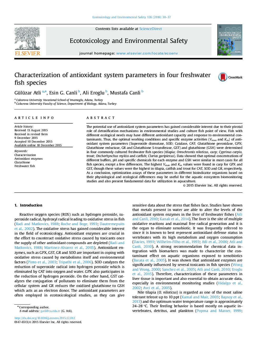Characterization of antioxidant system parameters in four freshwater fish species