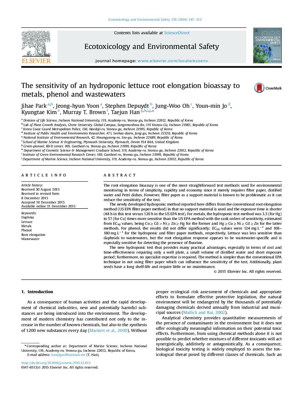 The sensitivity of an hydroponic lettuce root elongation bioassay to metals, phenol and wastewaters