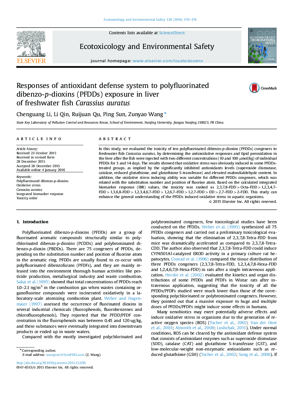 Responses of antioxidant defense system to polyfluorinated dibenzo-p-dioxins (PFDDs) exposure in liver of freshwater fish Carassius auratus