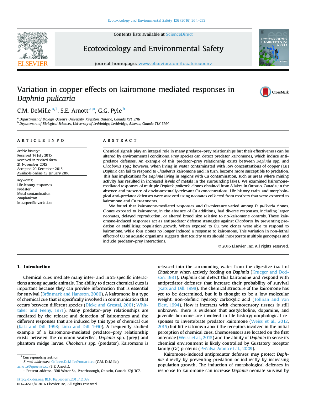 Variation in copper effects on kairomone-mediated responses in Daphnia pulicaria