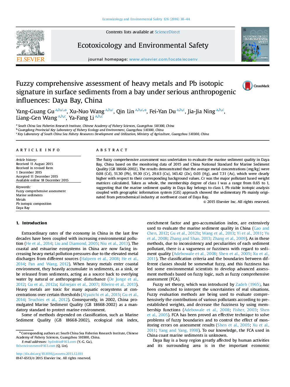 Fuzzy comprehensive assessment of heavy metals and Pb isotopic signature in surface sediments from a bay under serious anthropogenic influences: Daya Bay, China