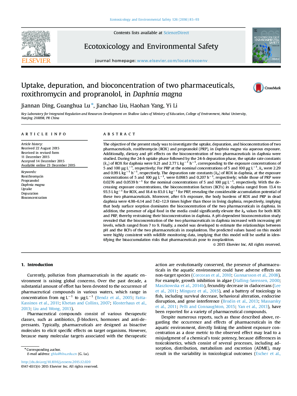 Uptake, depuration, and bioconcentration of two pharmaceuticals, roxithromycin and propranolol, in Daphnia magna