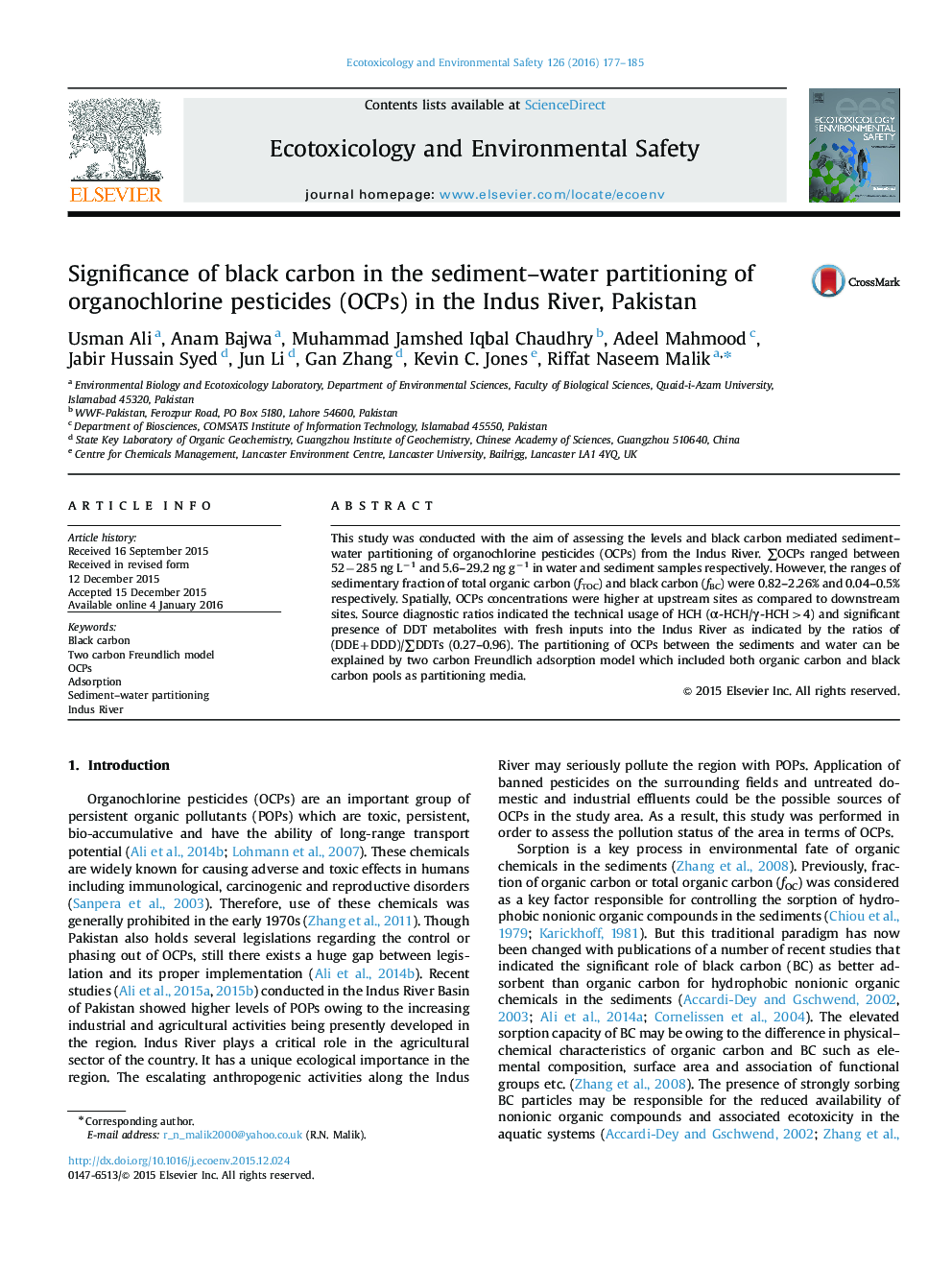 Significance of black carbon in the sediment–water partitioning of organochlorine pesticides (OCPs) in the Indus River, Pakistan