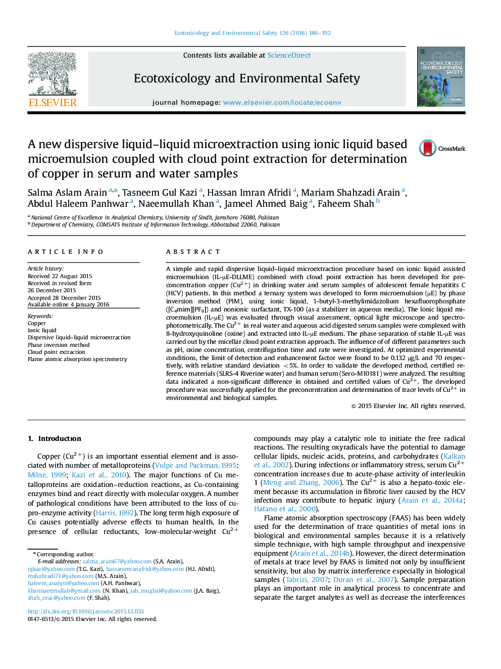 A new dispersive liquid–liquid microextraction using ionic liquid based microemulsion coupled with cloud point extraction for determination of copper in serum and water samples