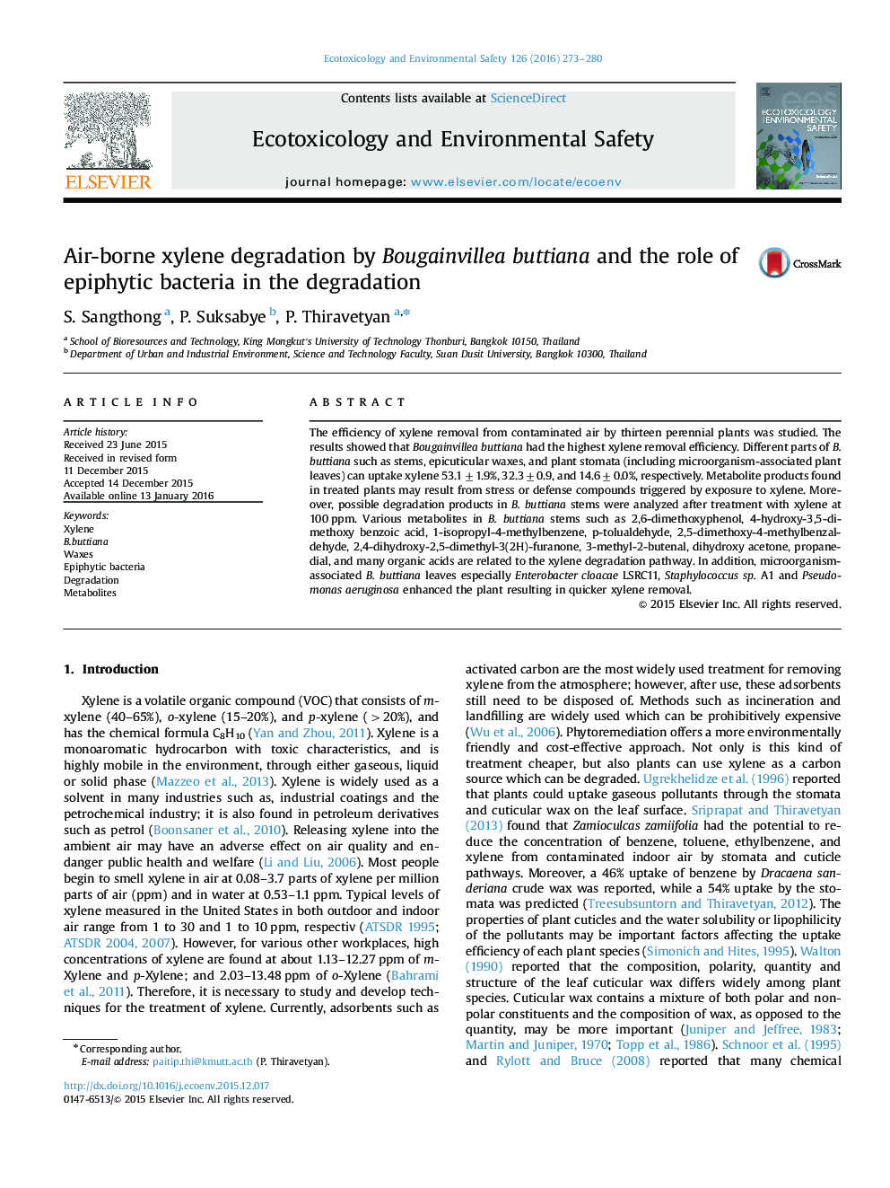 Air-borne xylene degradation by Bougainvillea buttiana and the role of epiphytic bacteria in the degradation