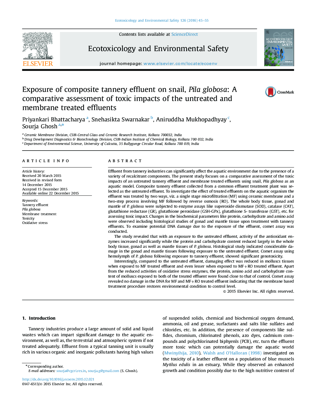 Exposure of composite tannery effluent on snail, Pila globosa: A comparative assessment of toxic impacts of the untreated and membrane treated effluents