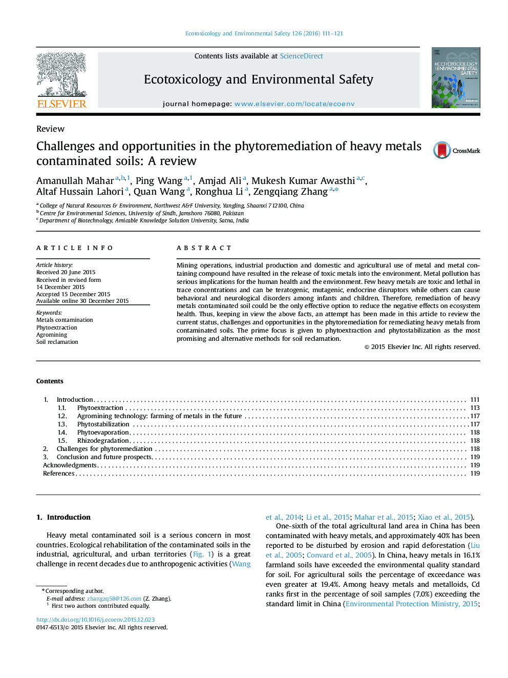 Challenges and opportunities in the phytoremediation of heavy metals contaminated soils: A review