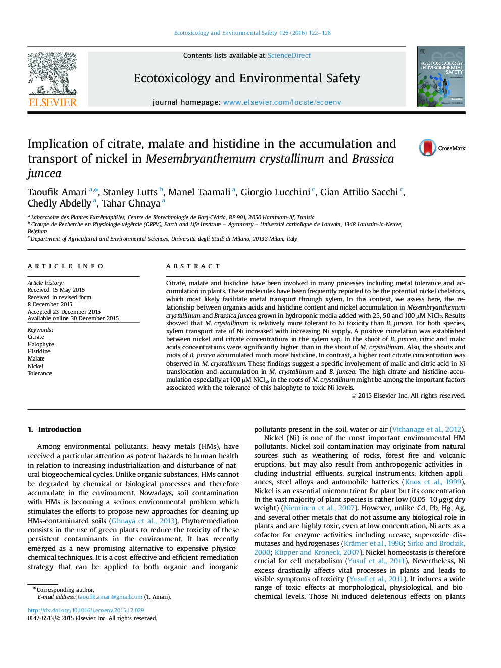 Implication of citrate, malate and histidine in the accumulation and transport of nickel in Mesembryanthemum crystallinum and Brassica juncea