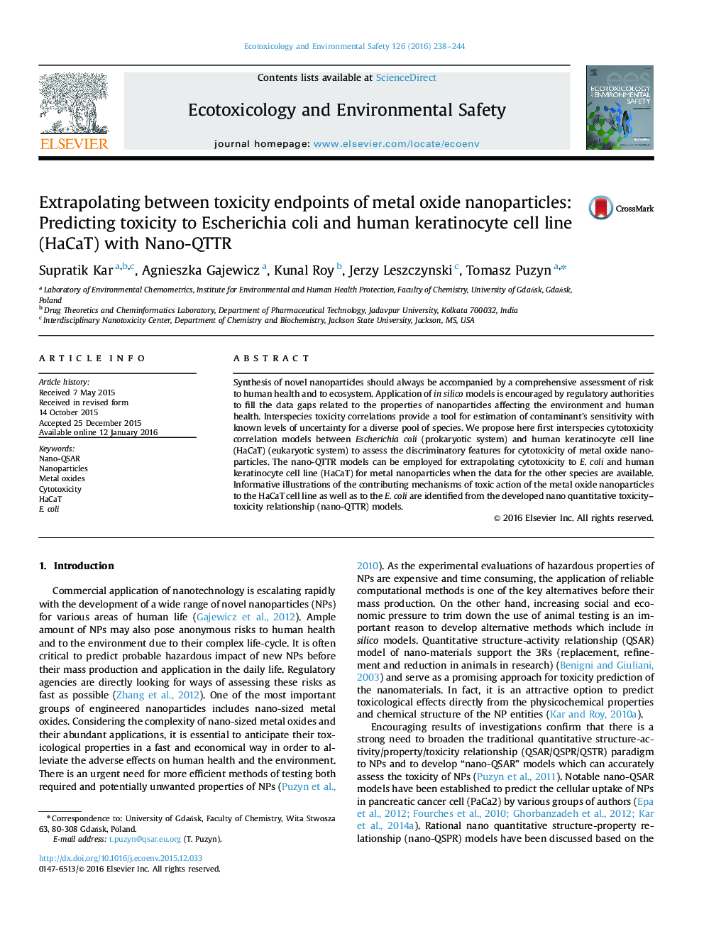عکس صفحه اول مقاله: Extrapolating between toxicity endpoints of metal oxide nanoparticles: Predicting toxicity to Escherichia coli and human keratinocyte cell line (HaCaT) with Nano-QTTR Extrapolating between toxicity endpoints of metal oxide nanoparticles: Predicting toxicity to Escherichia coli and human keratinocyte cell line (HaCaT) with Nano-QTTR