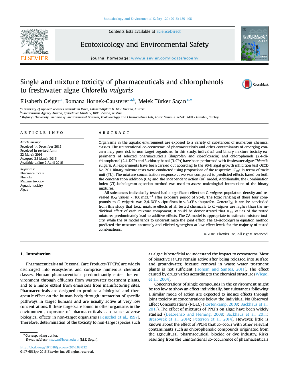 Single and mixture toxicity of pharmaceuticals and chlorophenols to freshwater algae Chlorella vulgaris