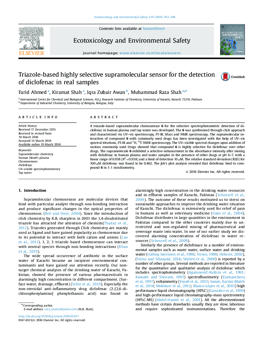 Triazole-based highly selective supramolecular sensor for the detection of diclofenac in real samples