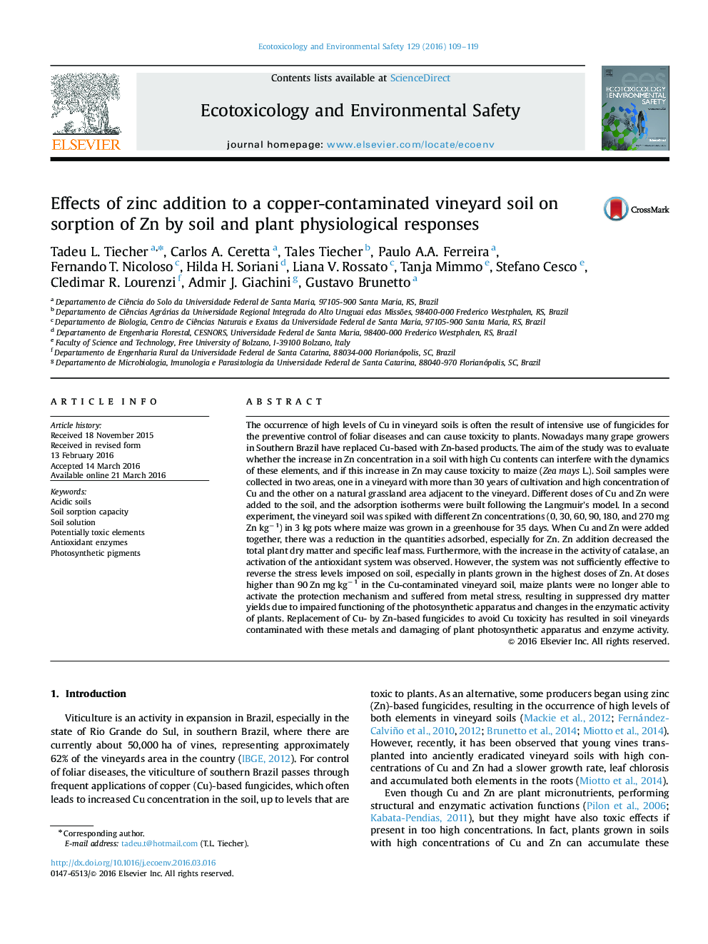 Effects of zinc addition to a copper-contaminated vineyard soil on sorption of Zn by soil and plant physiological responses