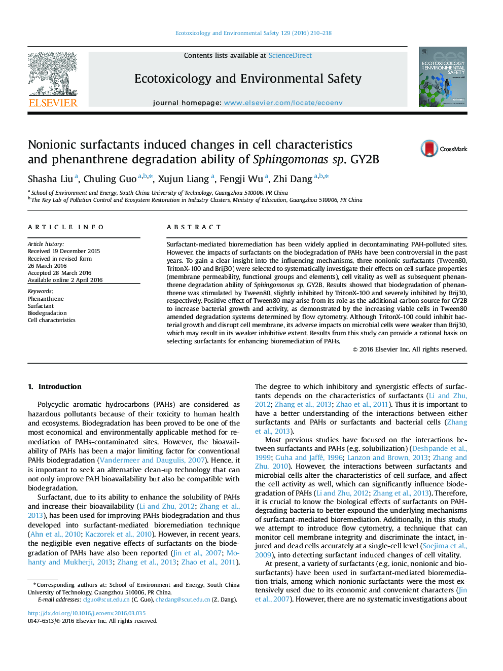 Nonionic surfactants induced changes in cell characteristics and phenanthrene degradation ability of Sphingomonas sp. GY2B