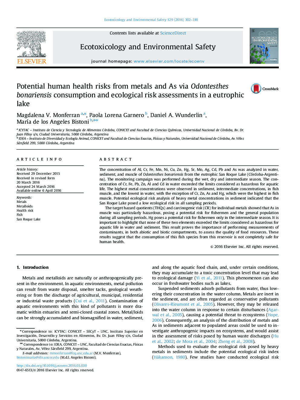 Potential human health risks from metals and As via Odontesthes bonariensis consumption and ecological risk assessments in a eutrophic lake