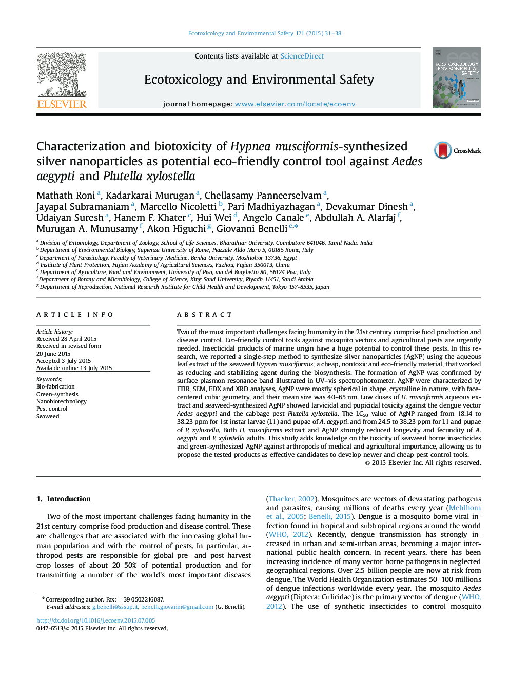 Characterization and biotoxicity of Hypnea musciformis-synthesized silver nanoparticles as potential eco-friendly control tool against Aedes aegypti and Plutella xylostella