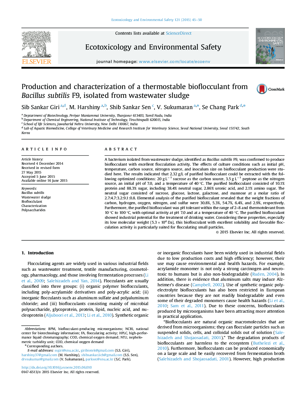 Production and characterization of a thermostable bioflocculant from Bacillus subtilis F9, isolated from wastewater sludge