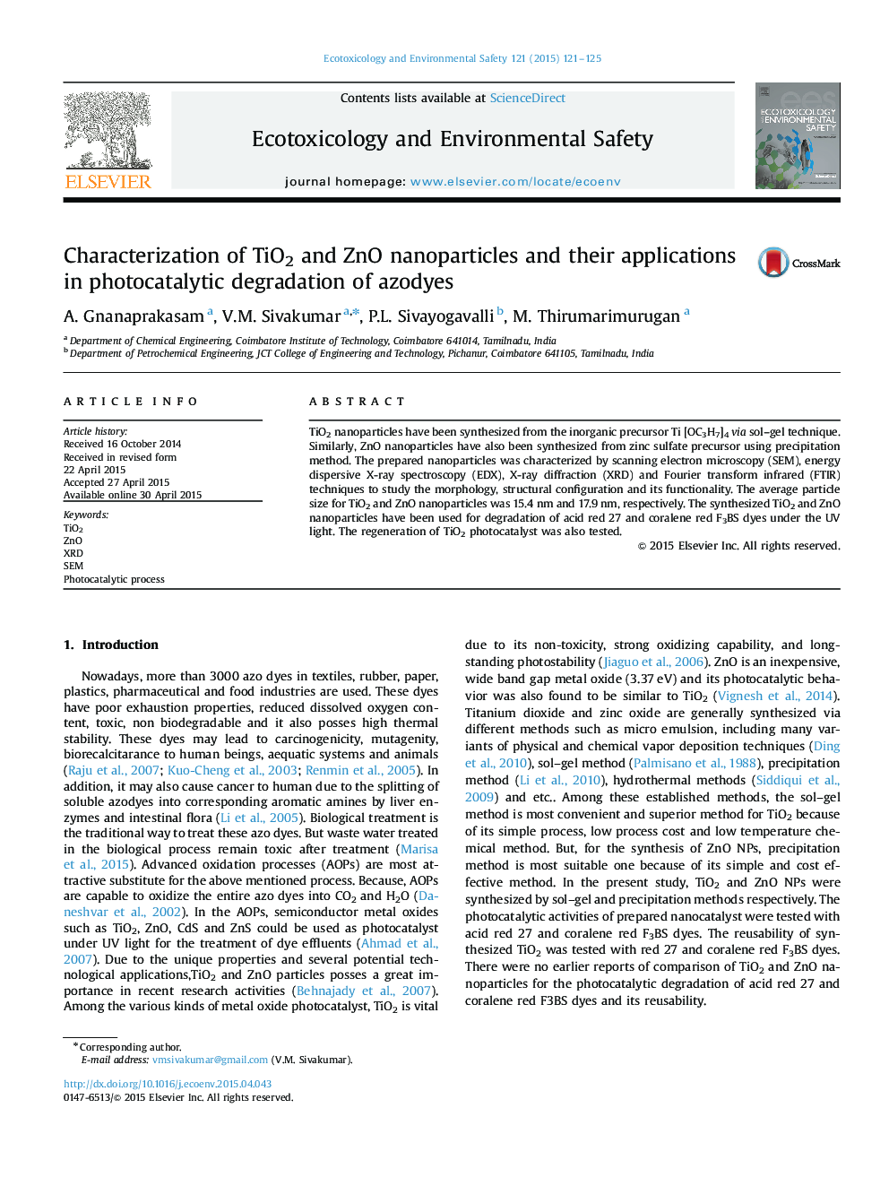 Characterization of TiO2 and ZnO nanoparticles and their applications in photocatalytic degradation of azodyes