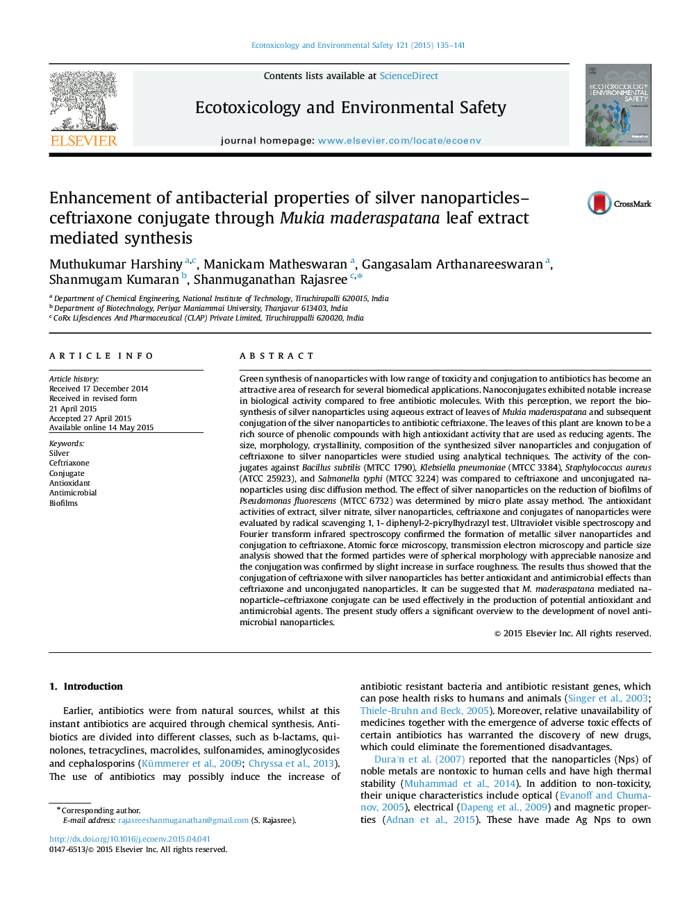 Enhancement of antibacterial properties of silver nanoparticles–ceftriaxone conjugate through Mukia maderaspatana leaf extract mediated synthesis