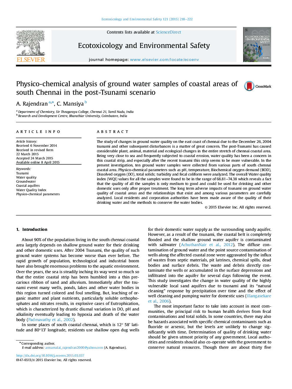 Physico-chemical analysis of ground water samples of coastal areas of south Chennai in the post-Tsunami scenario