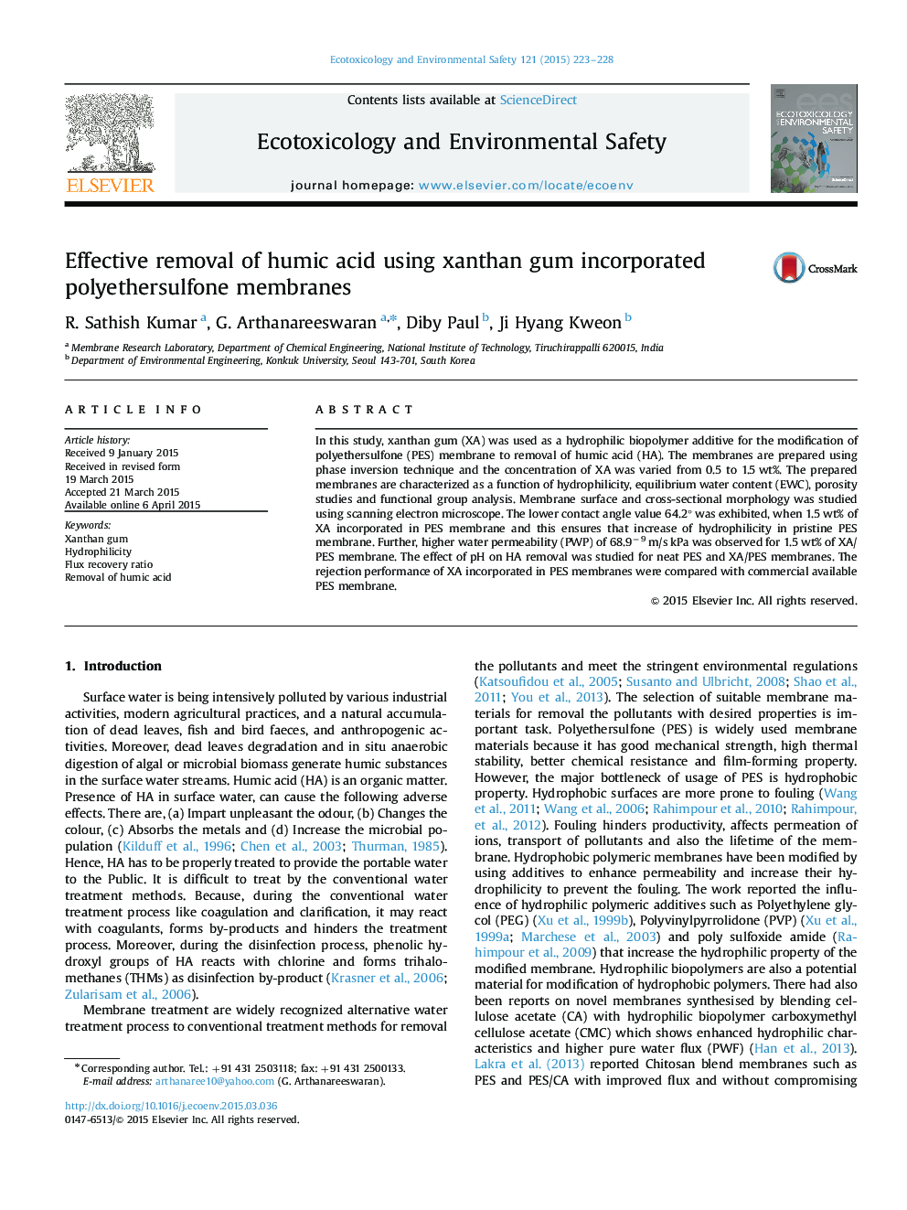 Effective removal of humic acid using xanthan gum incorporated polyethersulfone membranes