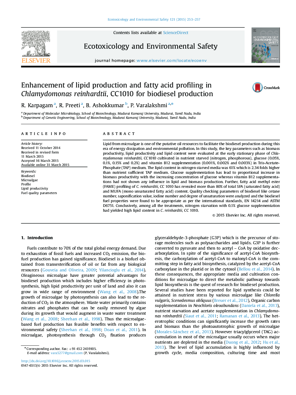 Enhancement of lipid production and fatty acid profiling in Chlamydomonas reinhardtii, CC1010 for biodiesel production