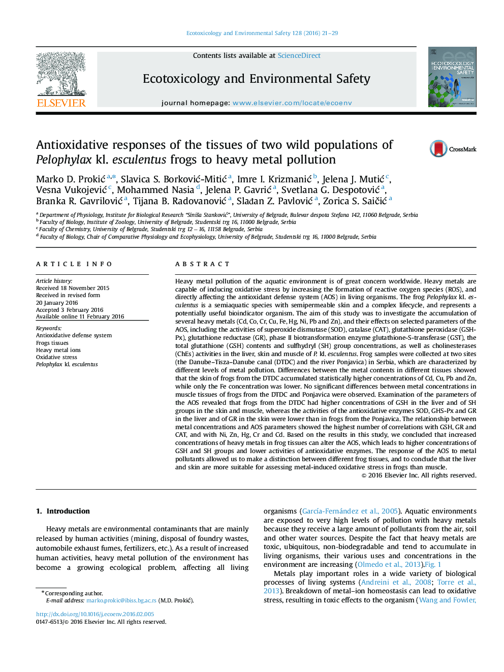 Antioxidative responses of the tissues of two wild populations of Pelophylax kl. esculentus frogs to heavy metal pollution