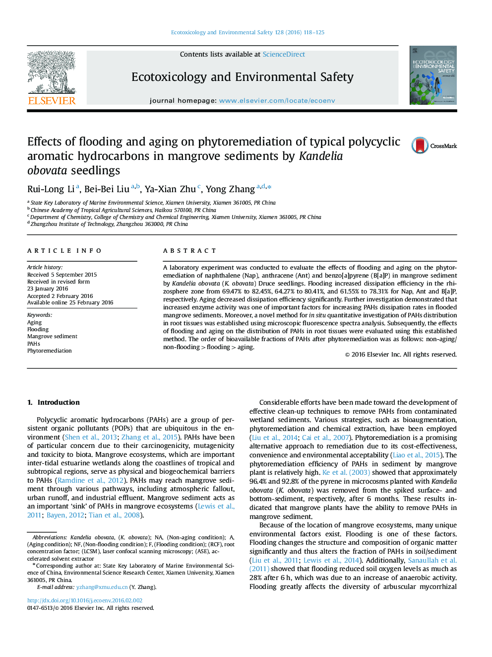 Effects of flooding and aging on phytoremediation of typical polycyclic aromatic hydrocarbons in mangrove sediments by Kandelia obovata seedlings