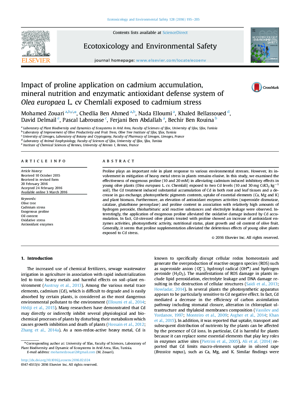 Impact of proline application on cadmium accumulation, mineral nutrition and enzymatic antioxidant defense system of Olea europaea L. cv Chemlali exposed to cadmium stress