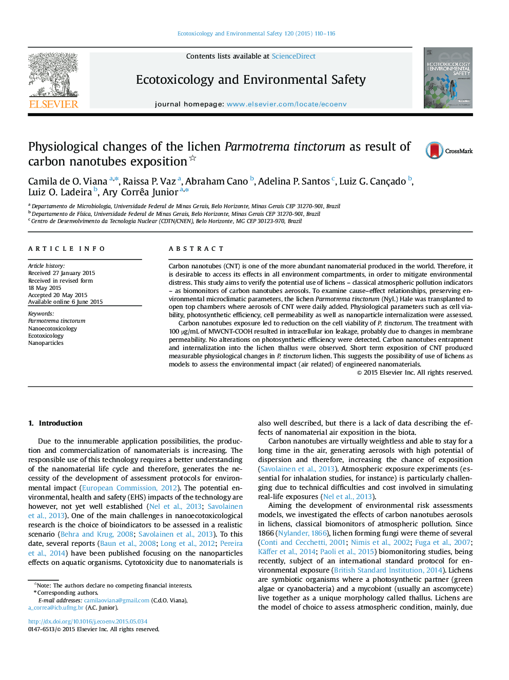 Physiological changes of the lichen Parmotrema tinctorum as result of carbon nanotubes exposition 