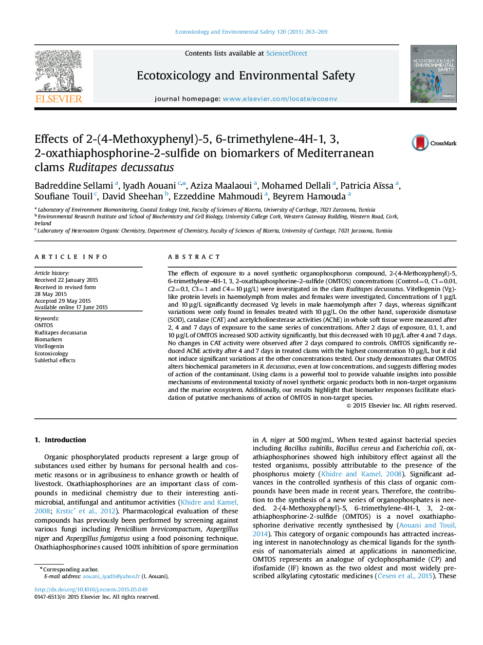 Effects of 2-(4-Methoxyphenyl)-5, 6-trimethylene-4H-1, 3, 2-oxathiaphosphorine-2-sulfide on biomarkers of Mediterranean clams Ruditapes decussatus