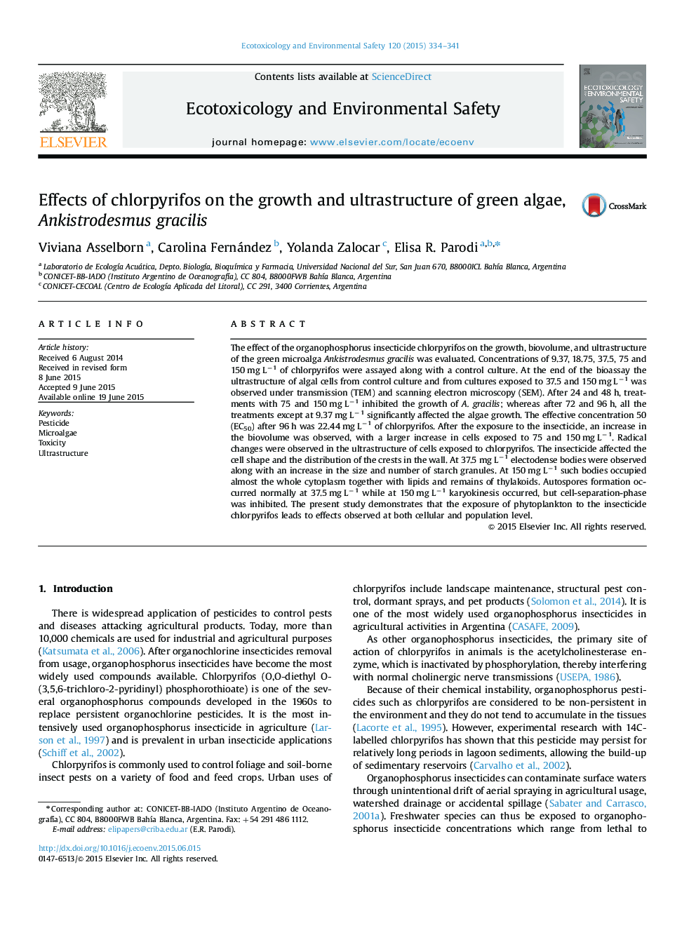 Effects of chlorpyrifos on the growth and ultrastructure of green algae, Ankistrodesmus gracilis